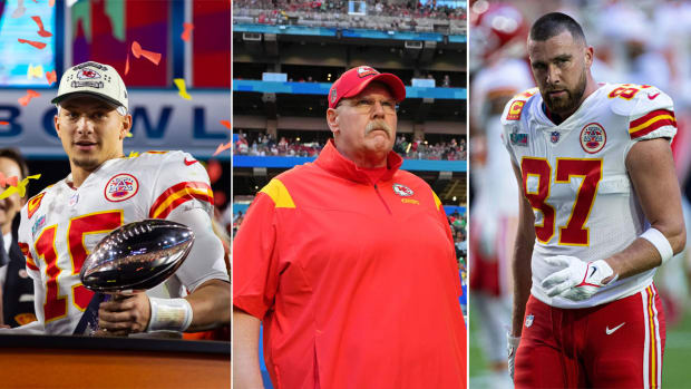 Patrick Mahomes holds the Lombardi Trophy; Andy Reid walks onto the field looking up; Travis Kelce tilts his head to look to the side, walking on the field without his helmet on